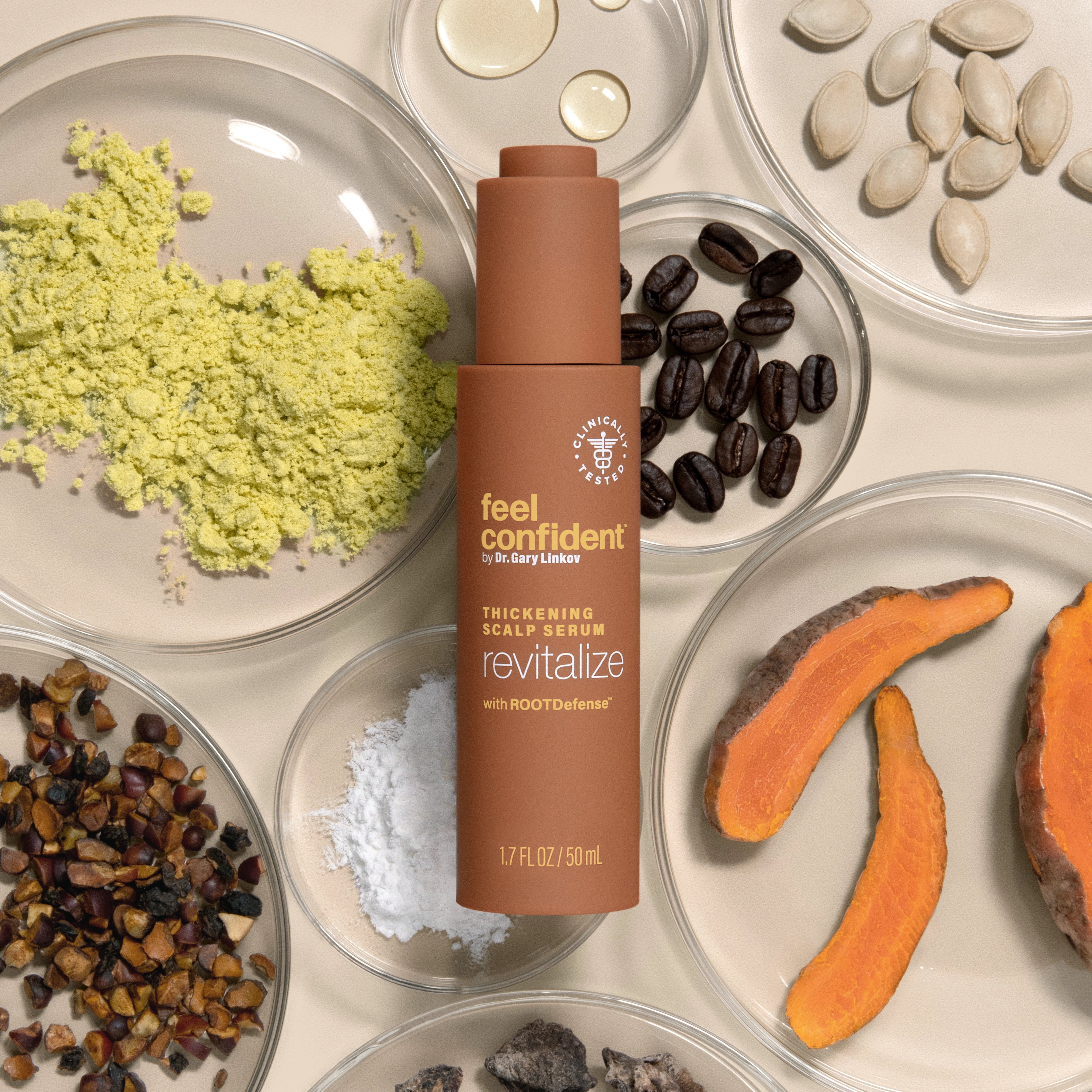 Feel Confident Thickening Scalp Serum bottle surrounded by pumpkin seed oil, saw palmetto and turmeric ingredients