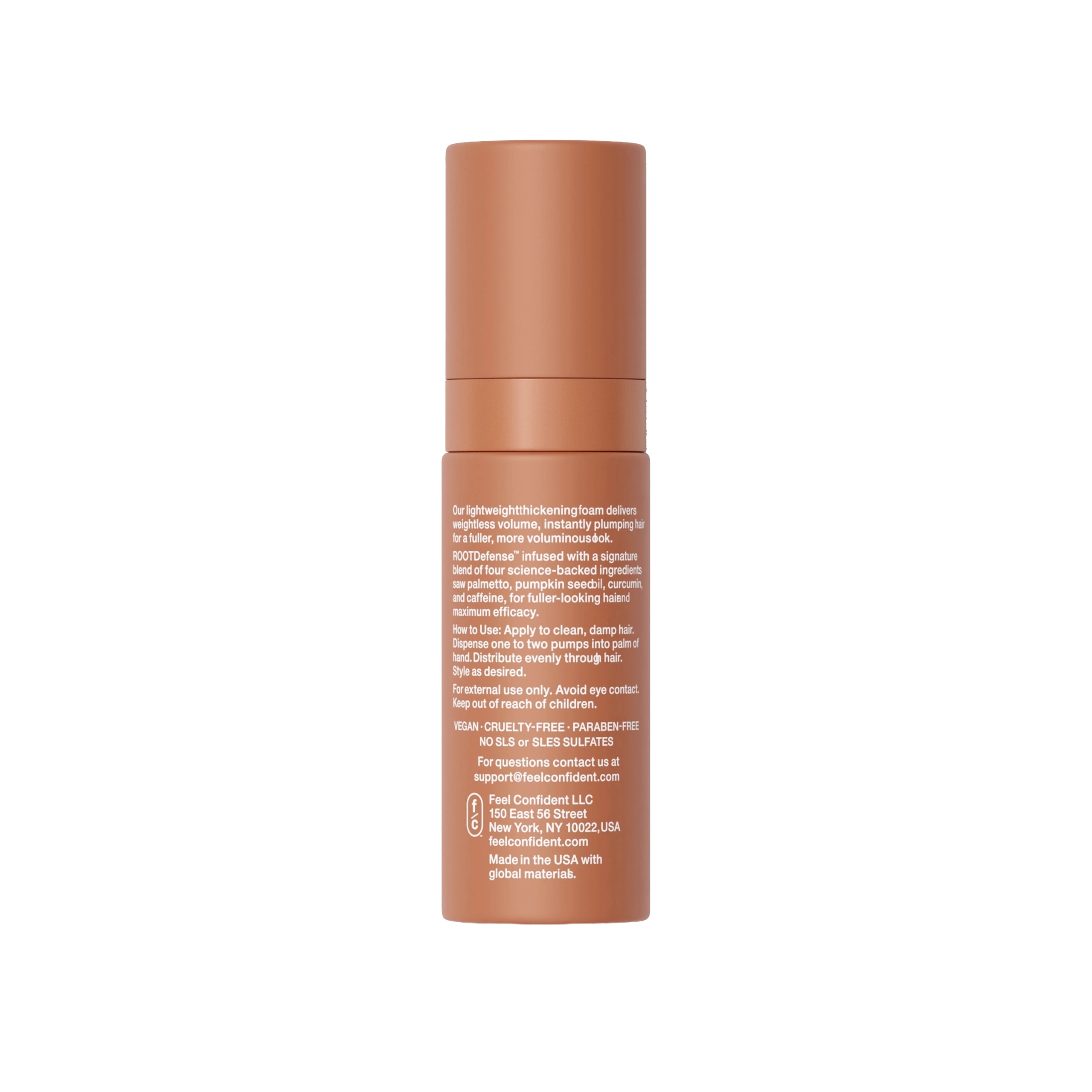Feel Confident Thickening Foam 50mL pump — lightweight hair volume foam with niacinamide and ROOTDefense™ for thinning hair - back side