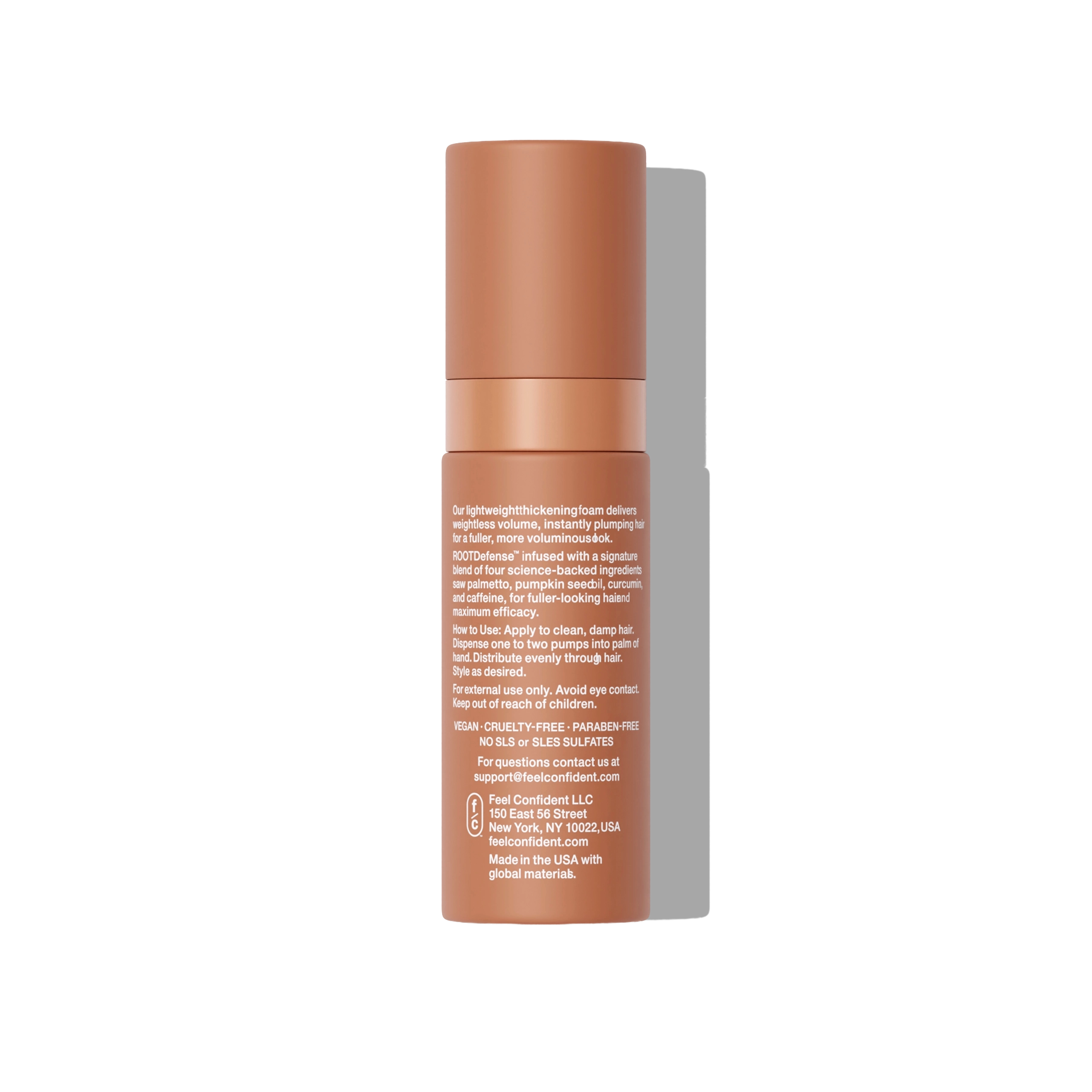 Feel Confident Thickening Foam 50mL pump — lightweight hair volume foam with niacinamide and ROOTDefense™ for thinning hair - back side